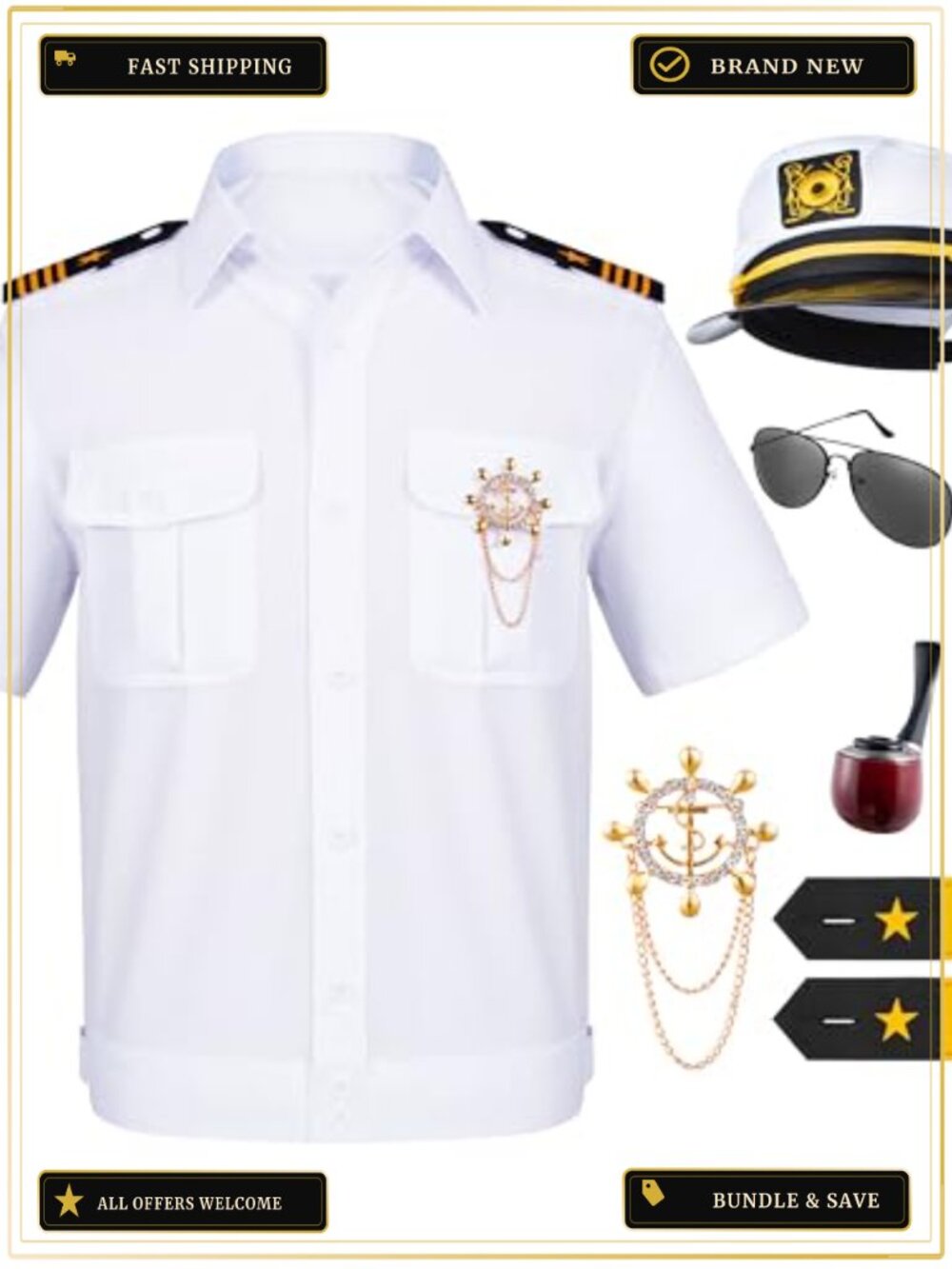 Men's Yacht Captain Sailor Costume 6Pc Set Shirt Hat Sunglasses Cosplay Party